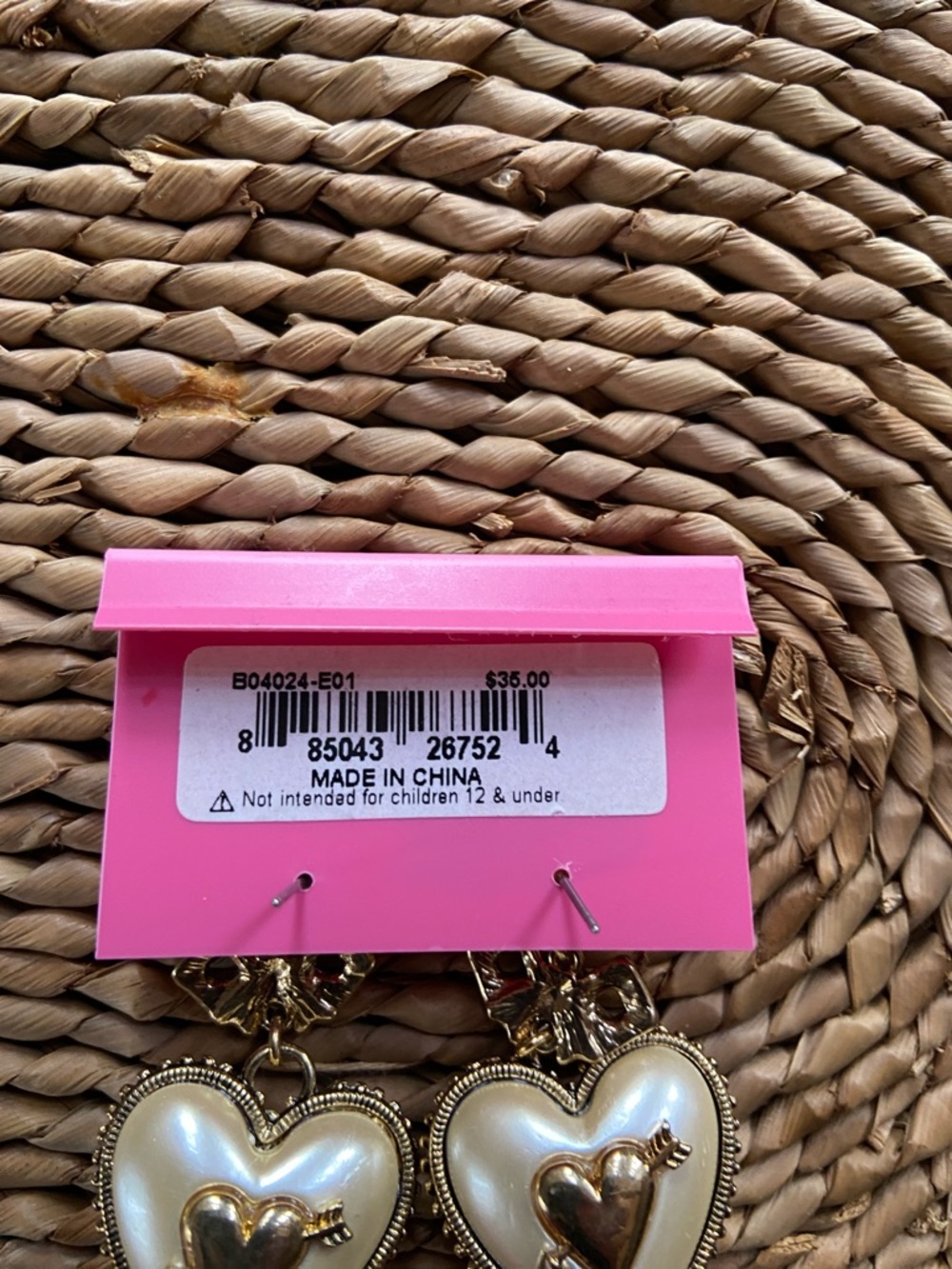 Betsey Johnson Gold-Tone Heart Drop Earrings with Pearl Centers - Picture 2 of 4